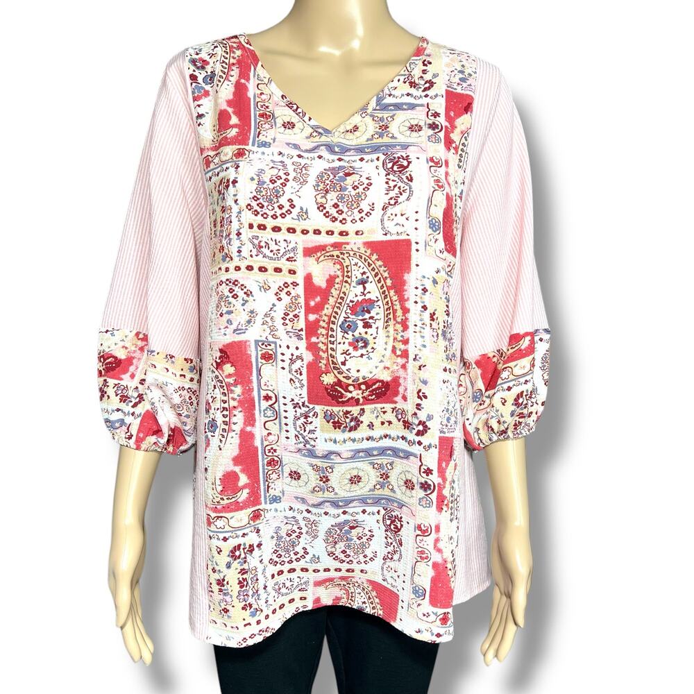 Flamingo Boho Peasant Blouse Paisley Patchwork Balloon Sleeve Pink Medium